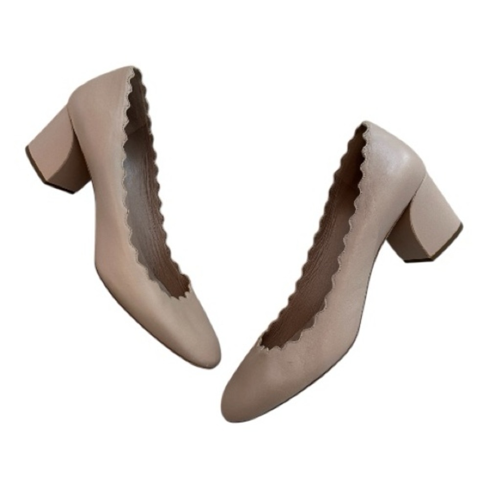 Chloe Leather Scalloped Accent Tan Pumps